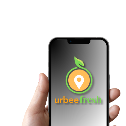 Hand holding a phone with the UrbeeFresh app downloaded