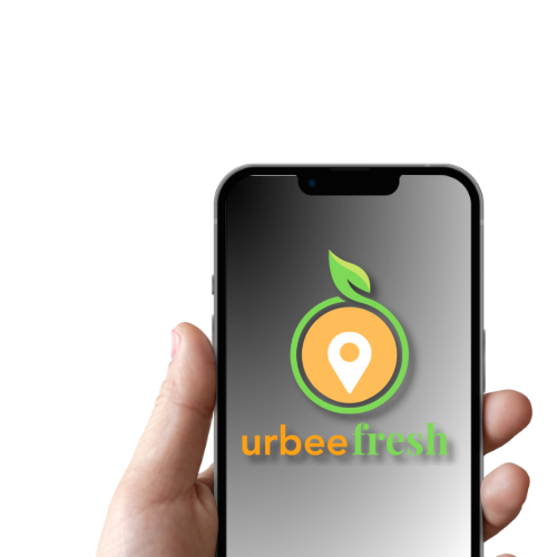 Magenta and Pink Bold Icon Music Logo Hand holding a phone with the UrbeeFresh app downloaded