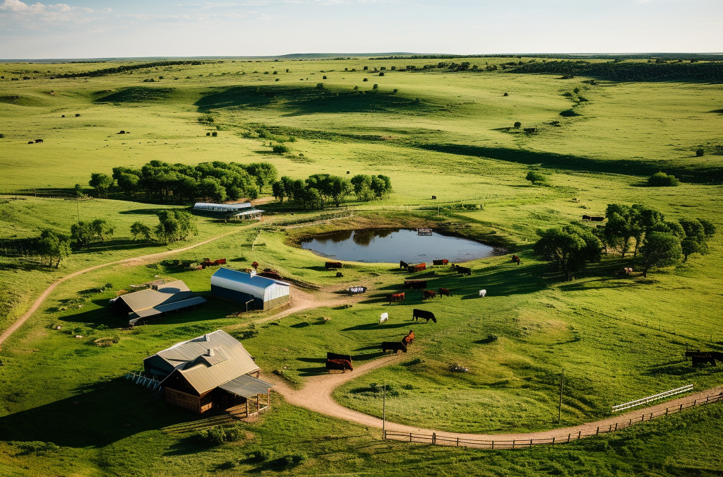 An aerial view of a sprawling ranch in south dakota with water pond and cattle