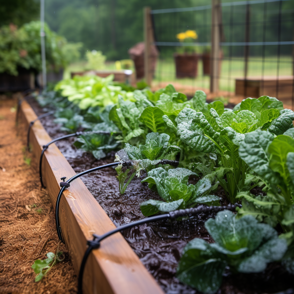 drip irrigation system set up on a raised garden bed with healthy heads of lettuce growing